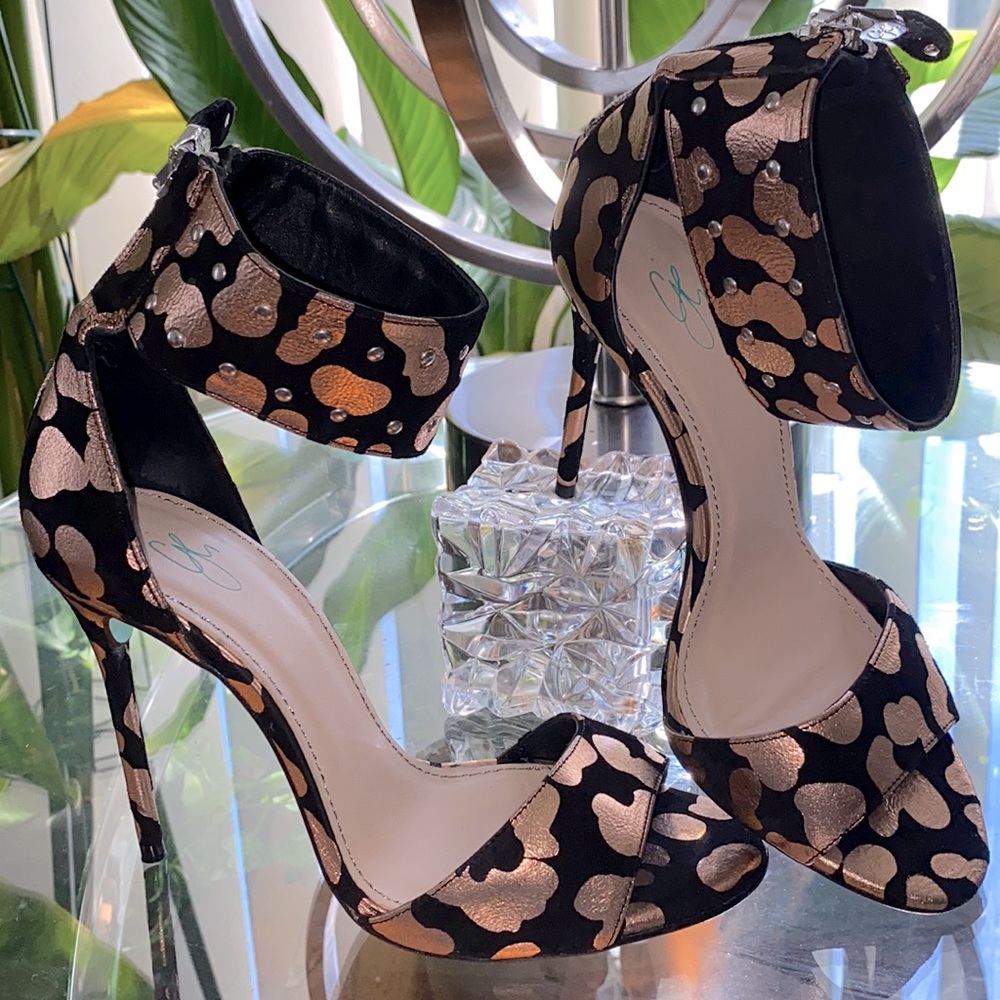 Rio Di Janeiro Leopard Ankle Cuff Black Gold Green Sole Leather Sandal Size 6.5
